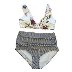 NEW Ruffled Floral Bikini With Striped High Waisted Bottoms Women's L